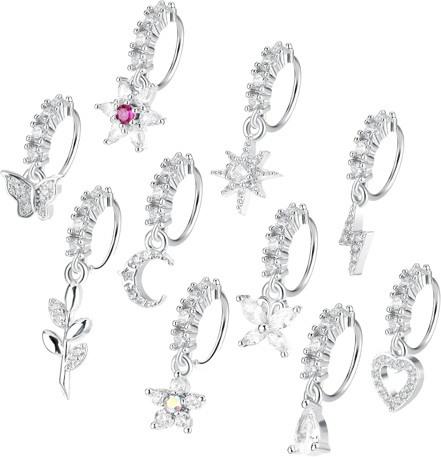 10pcs Dangle Nose Ring 20g Piercing Jewelry - Silver Butterfly Heart Moon Flower Leaf Star Cute Rings For Women Cartilage Earring Body Jewelry