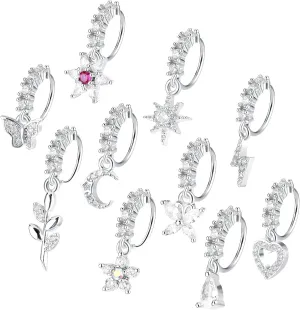 10pcs Dangle Nose Ring 20g Piercing Jewelry - Silver Butterfly Heart Moon Flower Leaf Star Cute Rings For Women Cartilage Earring Body Jewelry