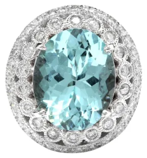 11.80 Carats Exquisite Natural Aquamarine and Diamond 14K Solid White Gold Ring