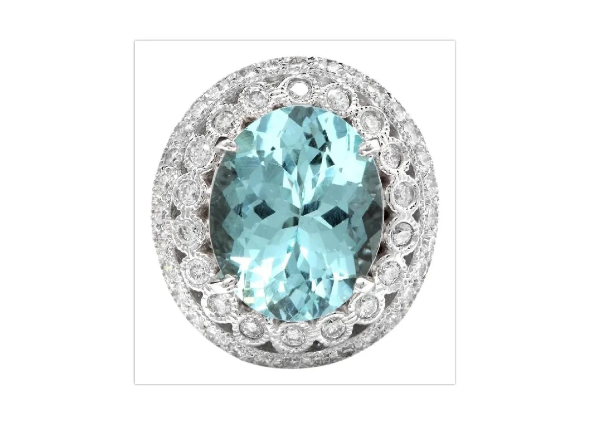 11.80 Carats Exquisite Natural Aquamarine and Diamond 14K Solid White Gold Ring