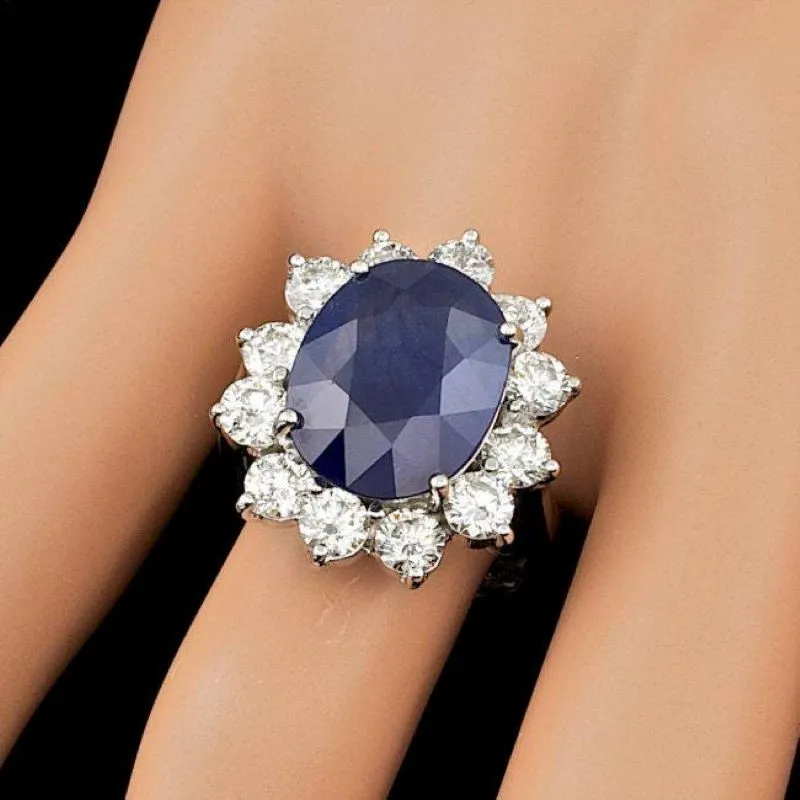 11.90 Carats Exquisite Natural Blue Sapphire and Diamond 14K Solid White Gold Ring