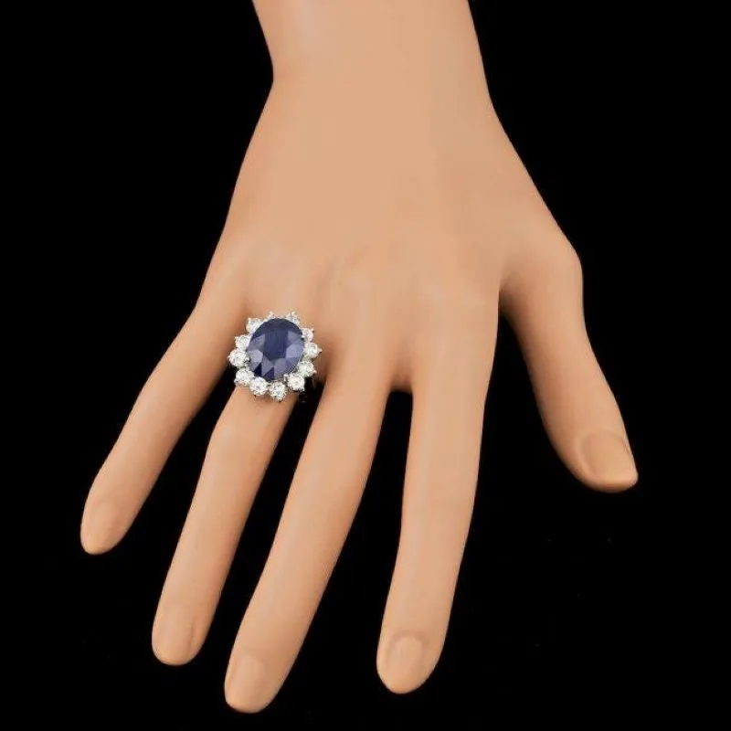 11.90 Carats Exquisite Natural Blue Sapphire and Diamond 14K Solid White Gold Ring