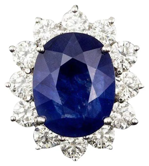 11.90 Carats Exquisite Natural Blue Sapphire and Diamond 14K Solid White Gold Ring