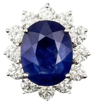 11.90 Carats Exquisite Natural Blue Sapphire and Diamond 14K Solid White Gold Ring