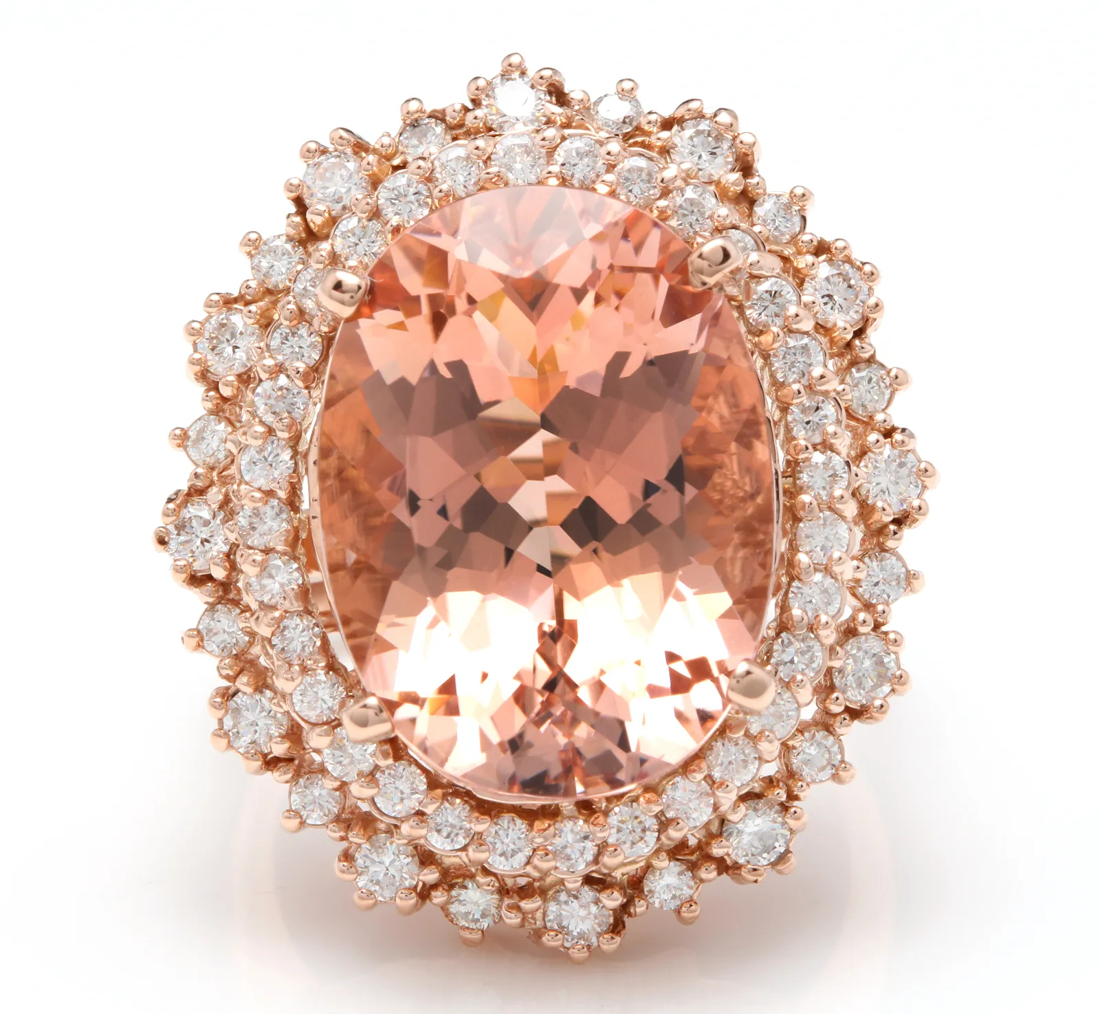 13.65 Carats Exquisite Natural Morganite and Diamond 14K Solid Rose Gold Ring