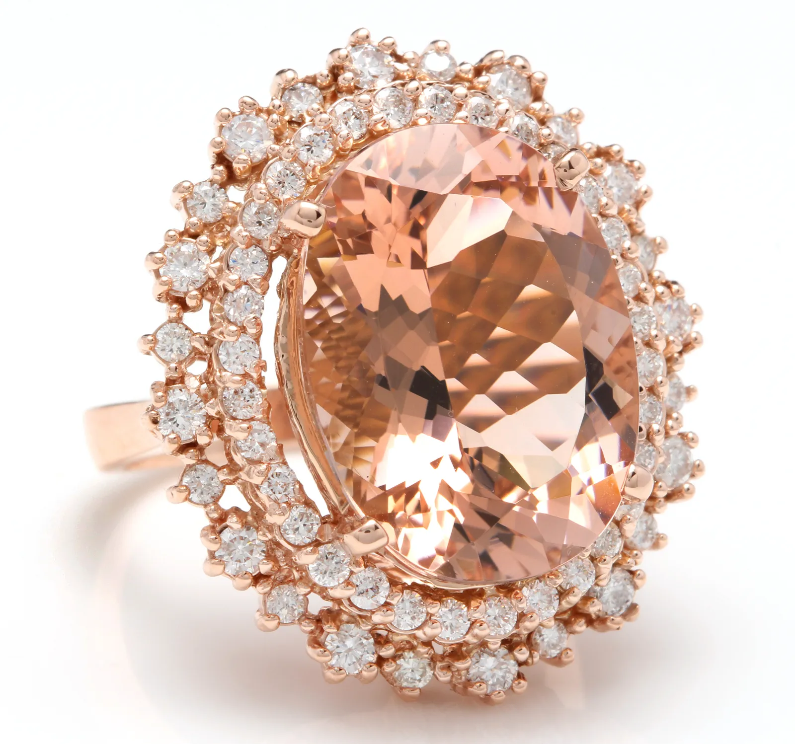 13.65 Carats Exquisite Natural Morganite and Diamond 14K Solid Rose Gold Ring