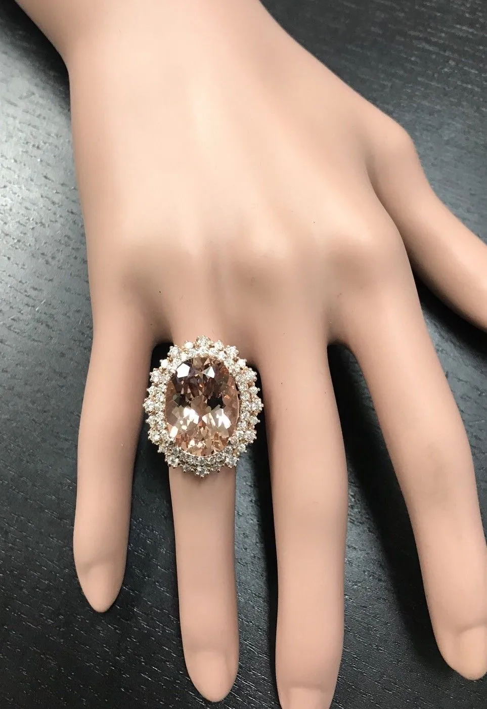 13.65 Carats Exquisite Natural Morganite and Diamond 14K Solid Rose Gold Ring