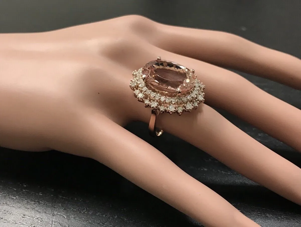 13.65 Carats Exquisite Natural Morganite and Diamond 14K Solid Rose Gold Ring