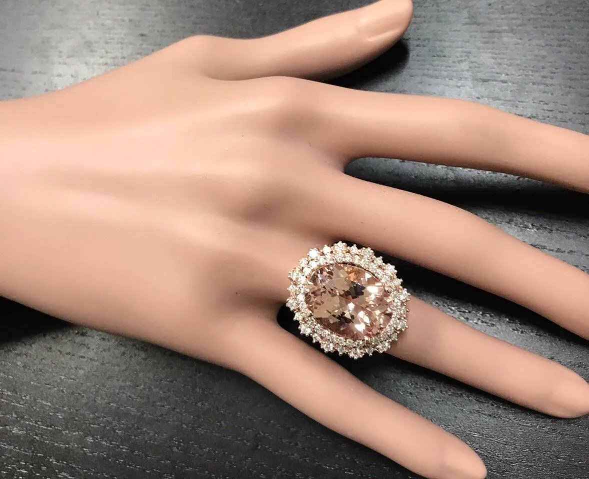 13.65 Carats Exquisite Natural Morganite and Diamond 14K Solid Rose Gold Ring