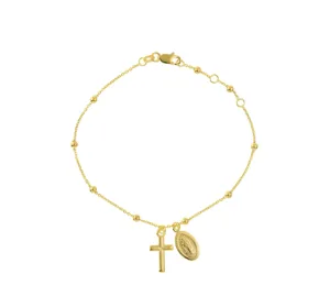 14K Adjustable Virgin Mary & Cross Beaded Bracelet