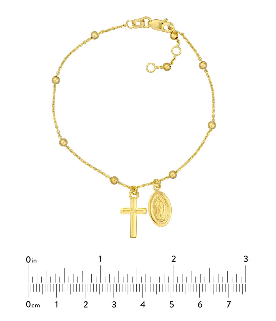 14K Adjustable Virgin Mary & Cross Beaded Bracelet