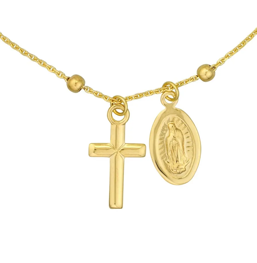 14K Adjustable Virgin Mary & Cross Beaded Bracelet