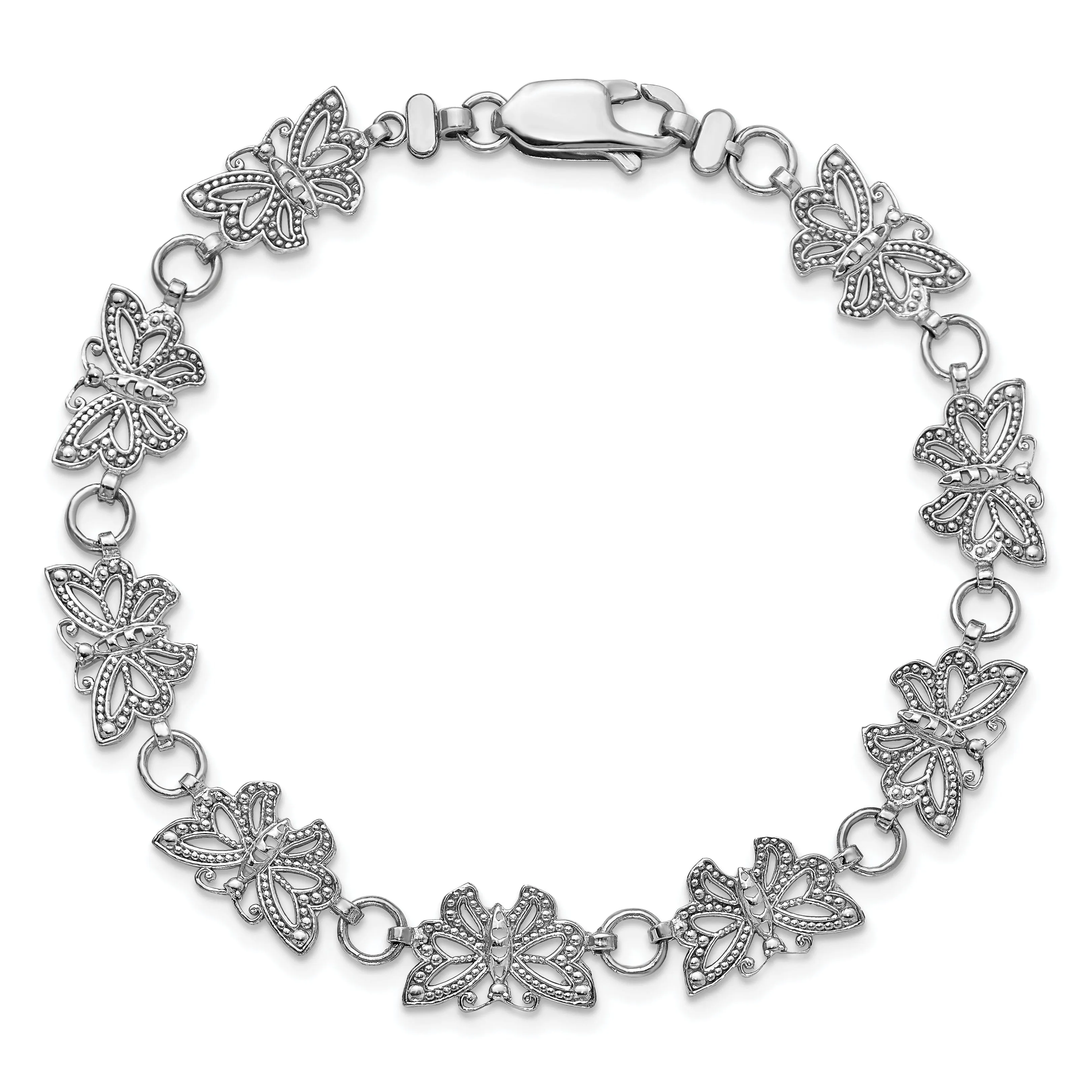 14K white gold butterfly bracelet 7-inch, 8.8mm wide butterfly link design