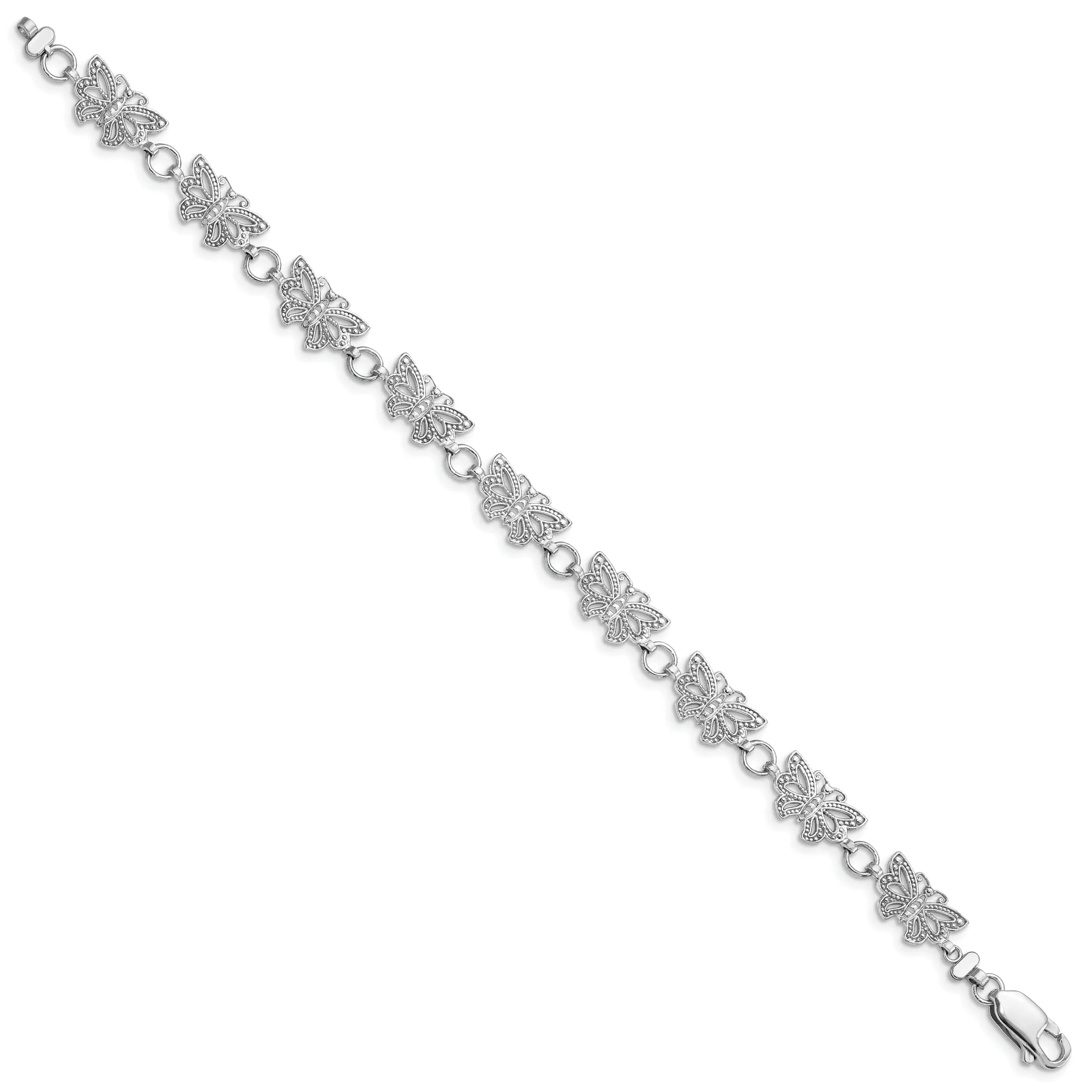 14K white gold butterfly bracelet 7-inch, 8.8mm wide butterfly link design