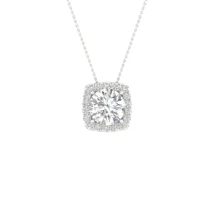 14K White Gold Lab Grown Round Diamond with Cushion Halo Necklace