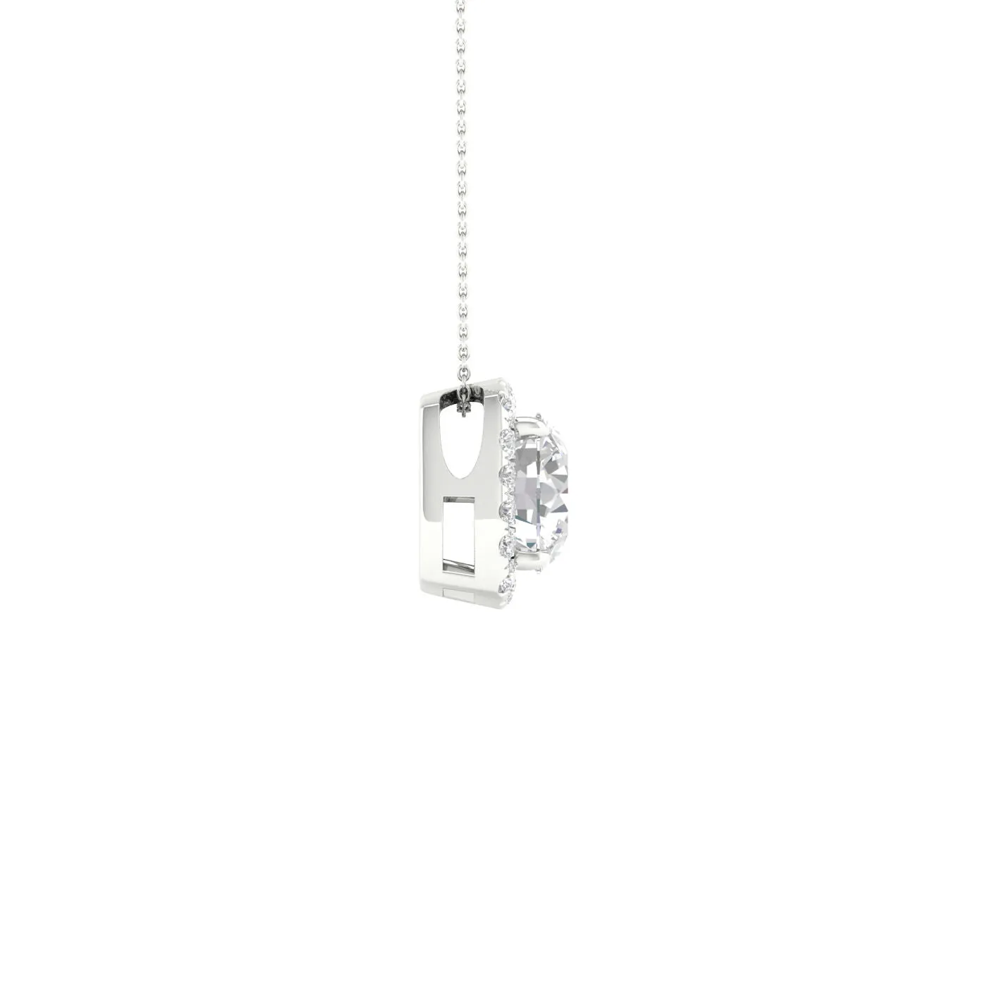 14K White Gold Lab Grown Round Diamond with Cushion Halo Necklace