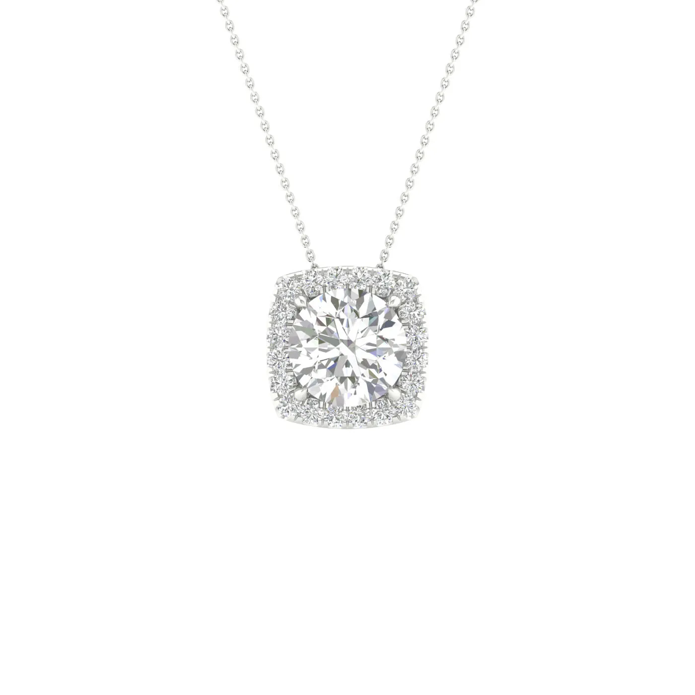 14K White Gold Lab Grown Round Diamond with Cushion Halo Necklace