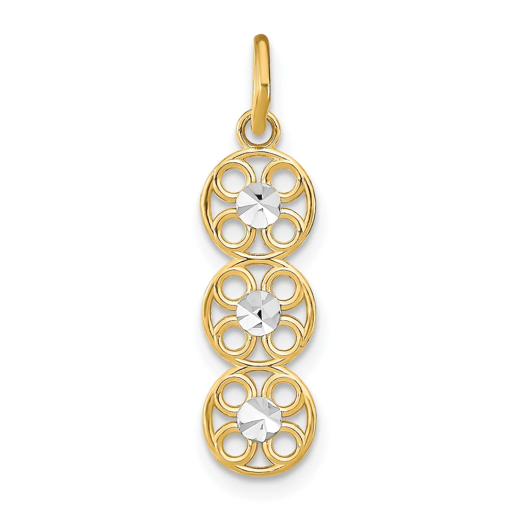 14K Yellow Gold, White Rhodium Polished Diamond Cut Finish Filigree 3 Circle Design Pendant