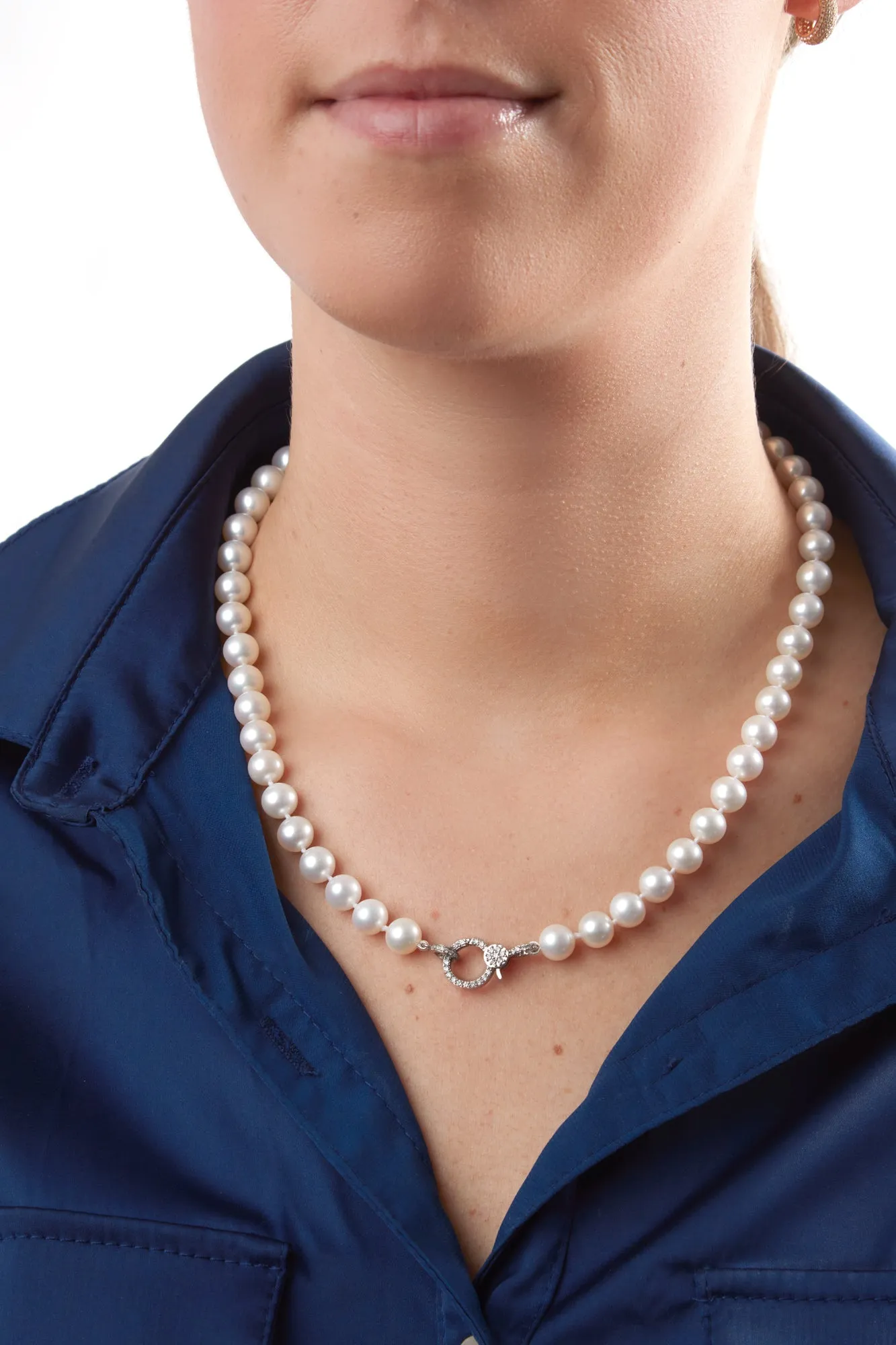 14KW Pave Clasp Pearl Strand Necklace