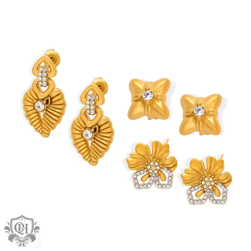 18K gold light luxury retro geometric flower diamond design palace style earrings