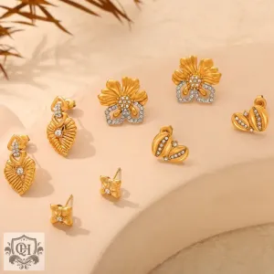 18K gold light luxury retro geometric flower diamond design palace style earrings