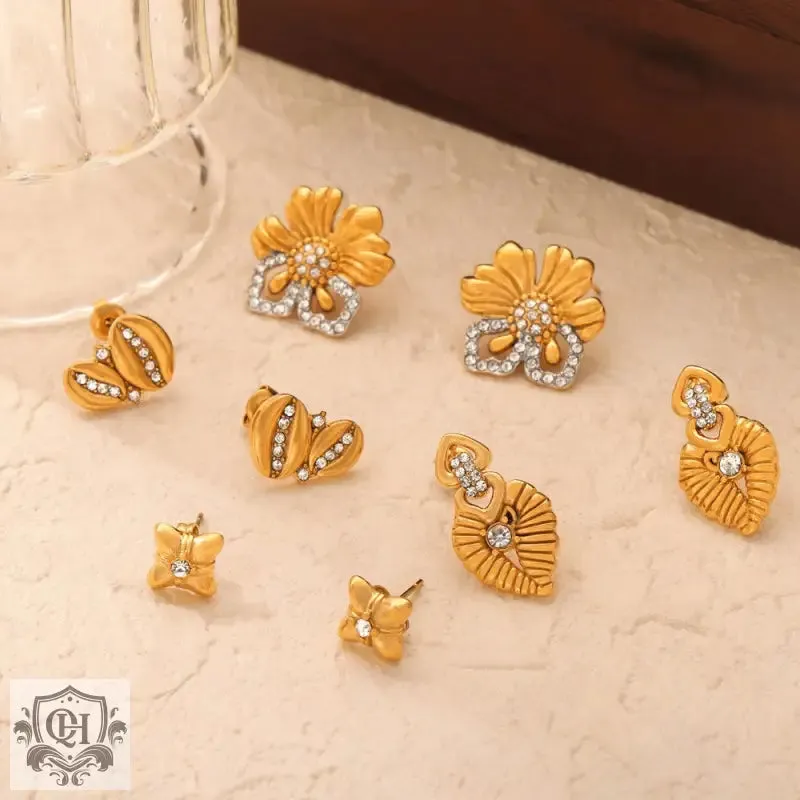 18K gold light luxury retro geometric flower diamond design palace style earrings