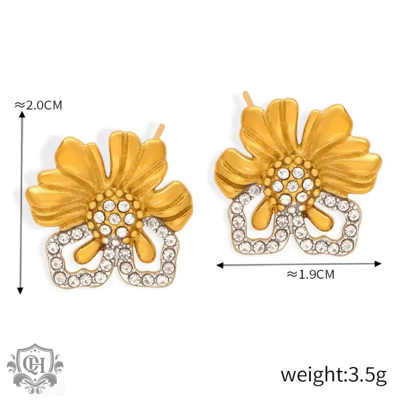 18K gold light luxury retro geometric flower diamond design palace style earrings