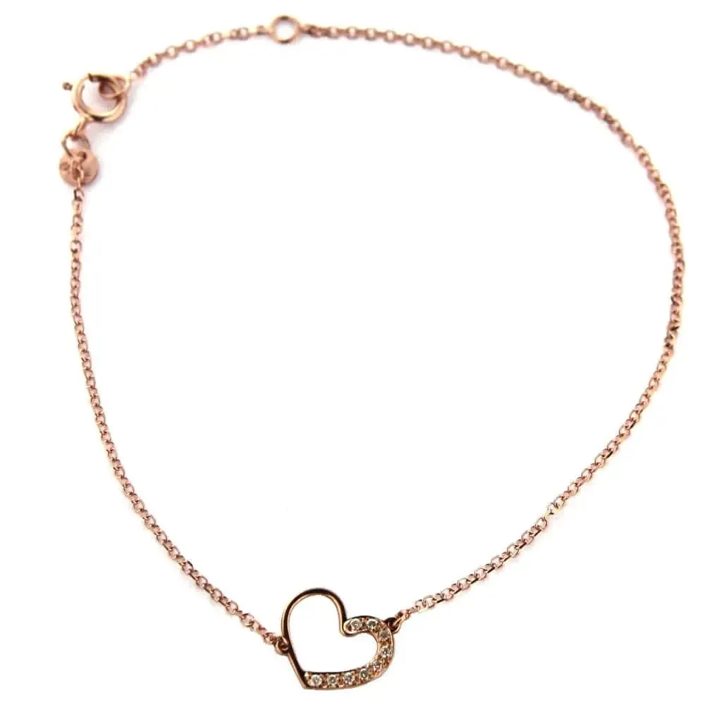 18K Solid Pink Gold Open Heart Bracelet with Diamonds