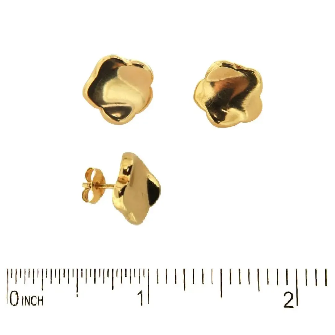 18K Solid Yellow Gold Puffy Polished Flower Earrings