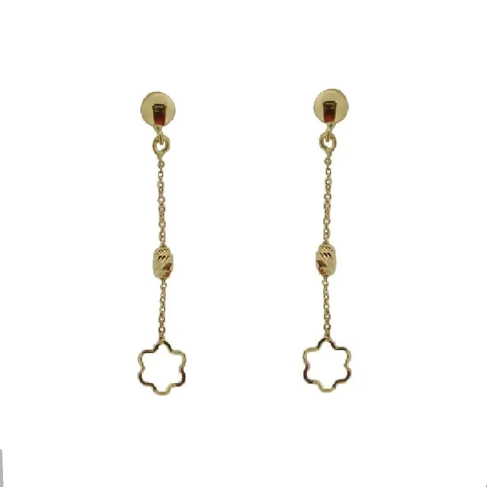 18K Yellow Gold Polished Open Flower w/ Bead Dangle Earrings