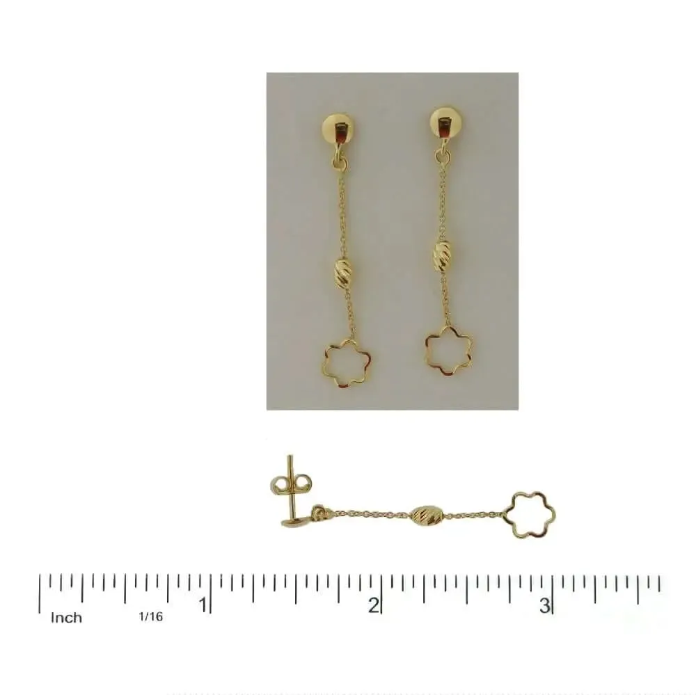 18K Yellow Gold Polished Open Flower w/ Bead Dangle Earrings