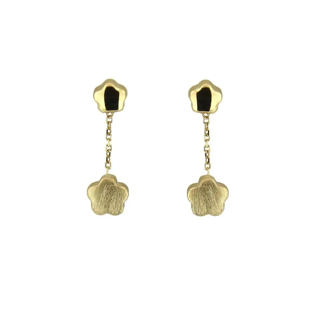 18K Yellow Gold Satin and Polished Dangle Flower Earrings