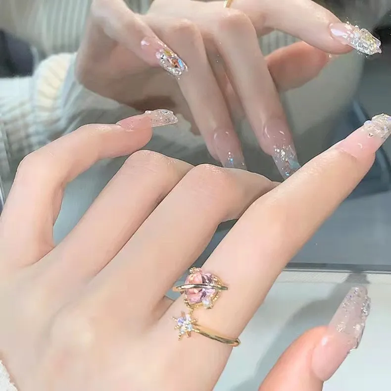 2022 Korean New Exquisite Lovely Pink Love Opening Ring Fashion Temperament Versatile Ring Female Jewelry