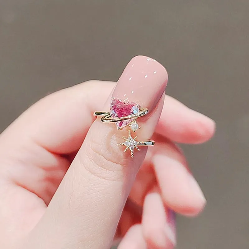 2022 Korean New Exquisite Lovely Pink Love Opening Ring Fashion Temperament Versatile Ring Female Jewelry