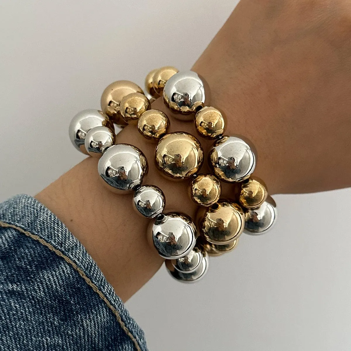 3 Pcs Chunky Gold Silver Plated Ball Chain Stackable Bracelet Set