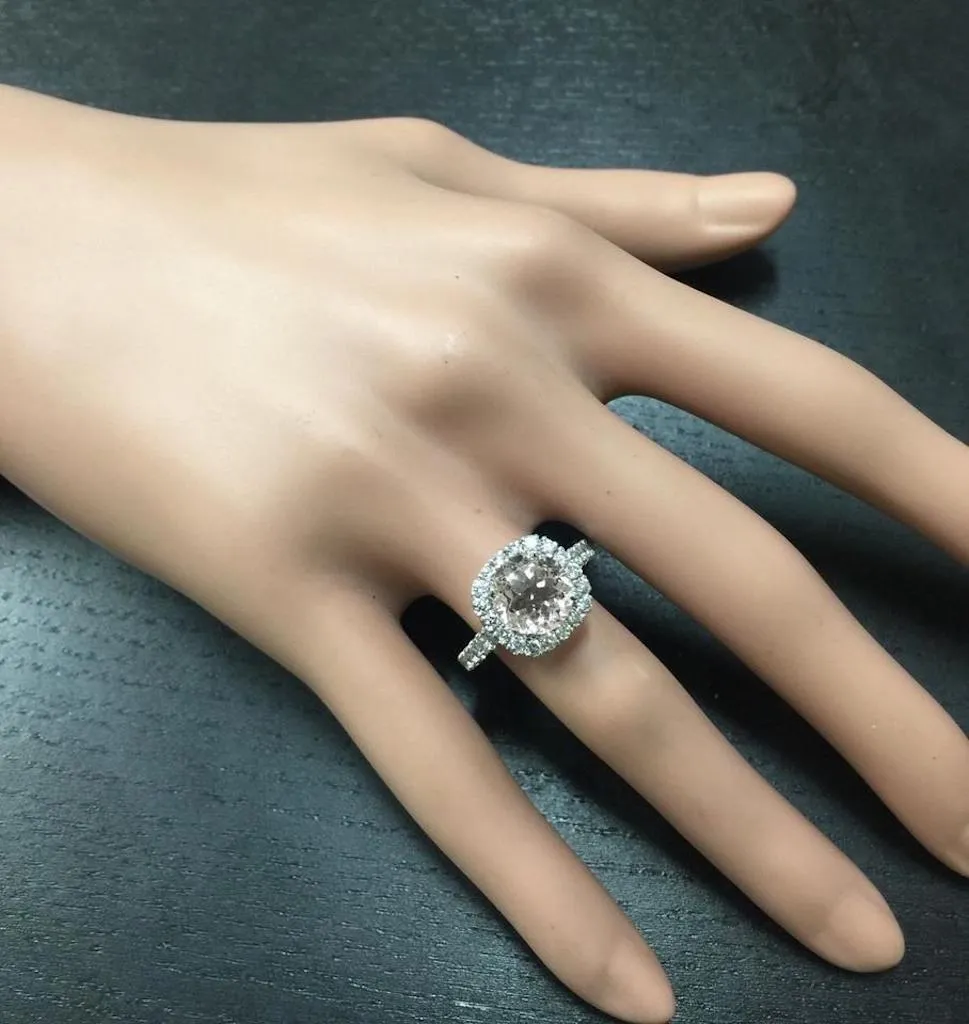 3.65 Carats Exquisite Natural Morganite and Diamond 14K Solid White Gold Ring