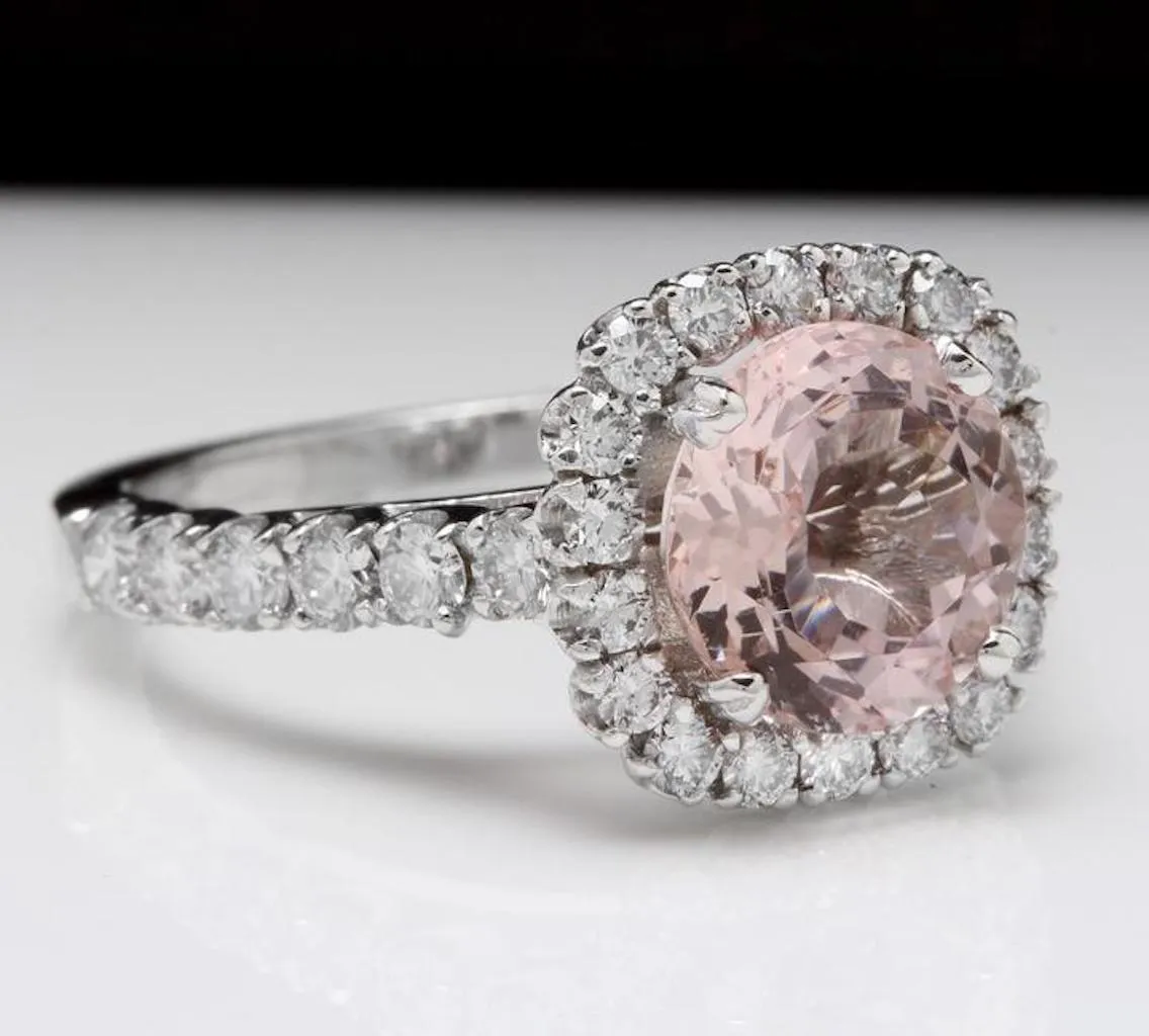 3.65 Carats Exquisite Natural Morganite and Diamond 14K Solid White Gold Ring