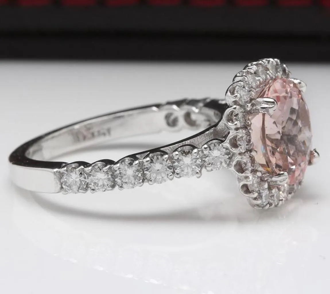 3.65 Carats Exquisite Natural Morganite and Diamond 14K Solid White Gold Ring