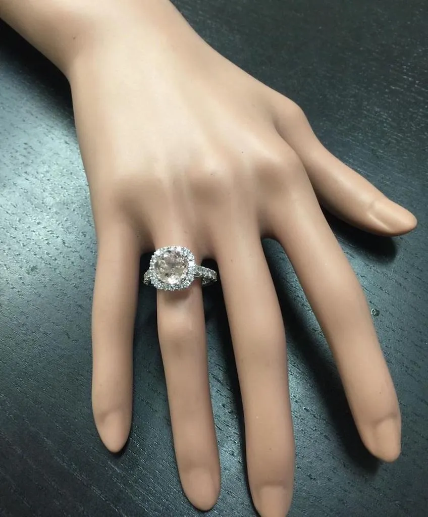 3.65 Carats Exquisite Natural Morganite and Diamond 14K Solid White Gold Ring