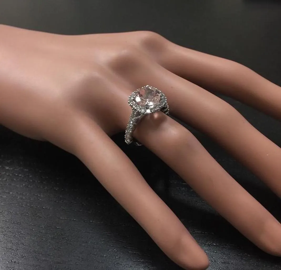 3.65 Carats Exquisite Natural Morganite and Diamond 14K Solid White Gold Ring