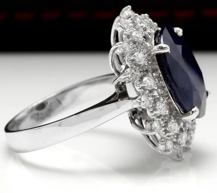 7.35 Carats Exquisite Natural Blue Sapphire and Diamond 14K Solid White Gold Ring