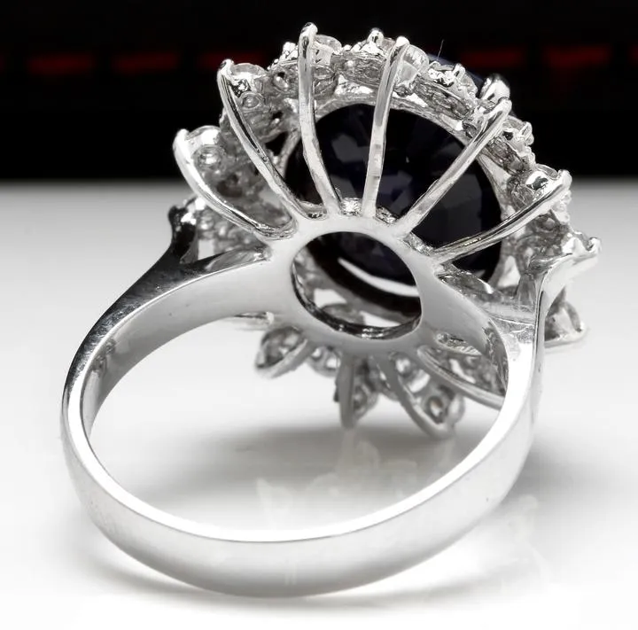 7.35 Carats Exquisite Natural Blue Sapphire and Diamond 14K Solid White Gold Ring
