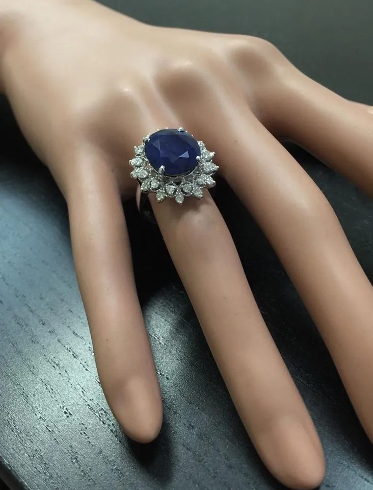 7.35 Carats Exquisite Natural Blue Sapphire and Diamond 14K Solid White Gold Ring