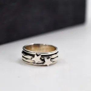 925 Silver ring with silver star spinning bands - Size 7