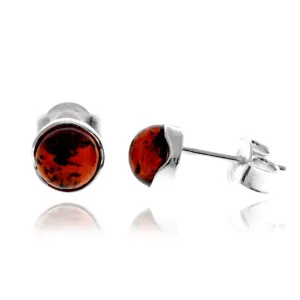 925 Sterling Silver & Genuine Baltic Amber Classic  Round Studs Earrings - AE08C