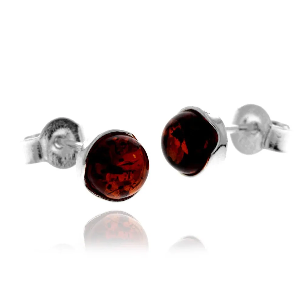 925 Sterling Silver & Genuine Baltic Amber Classic  Round Studs Earrings - AE08C