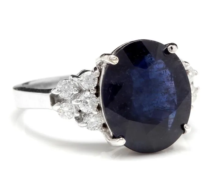 9.60 Carats Exquisite Natural Blue Sapphire and Diamond 14K Solid White Gold Ring