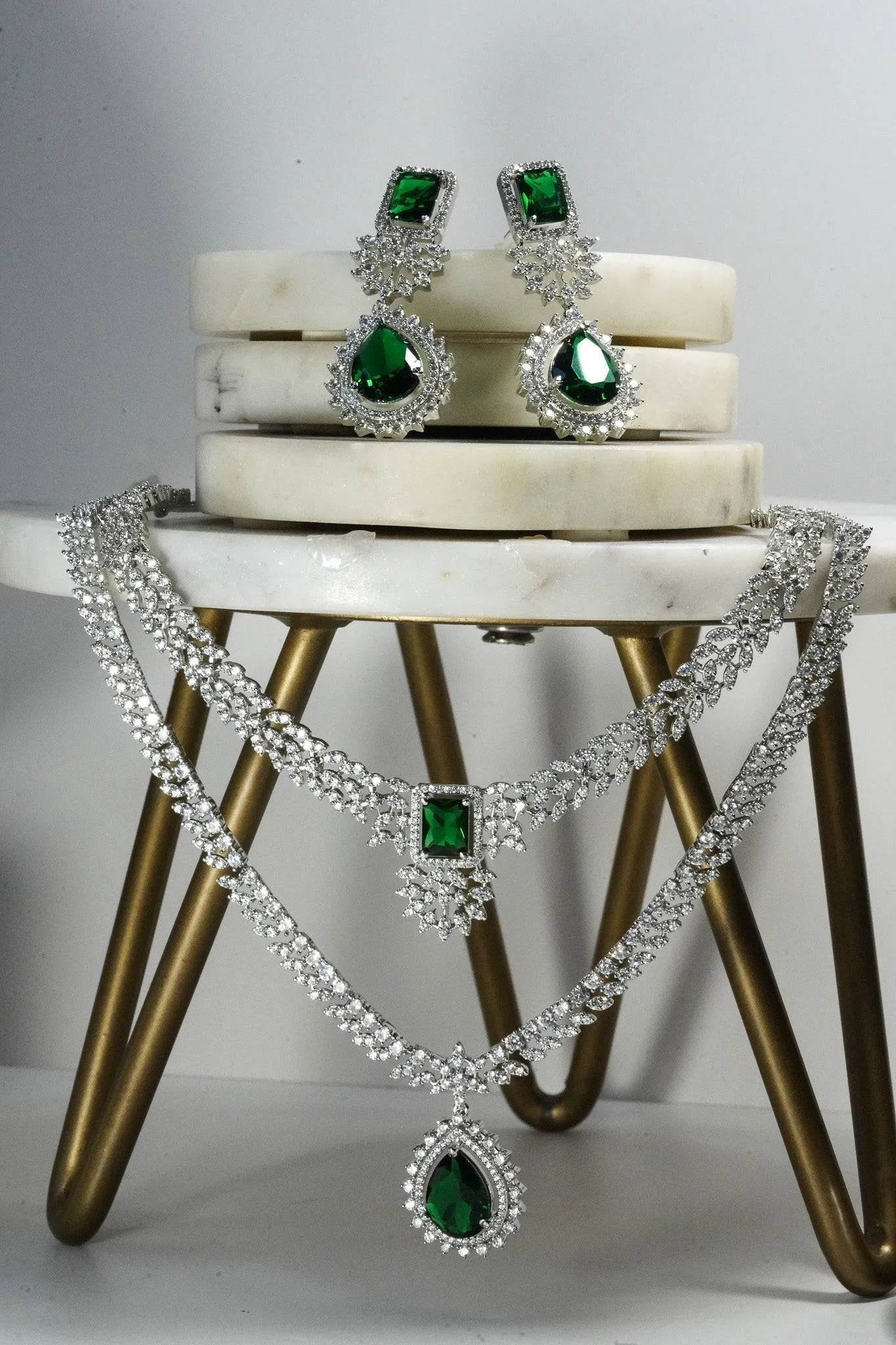 Amore - Rhodium Plated Double Layer AD Necklace Set