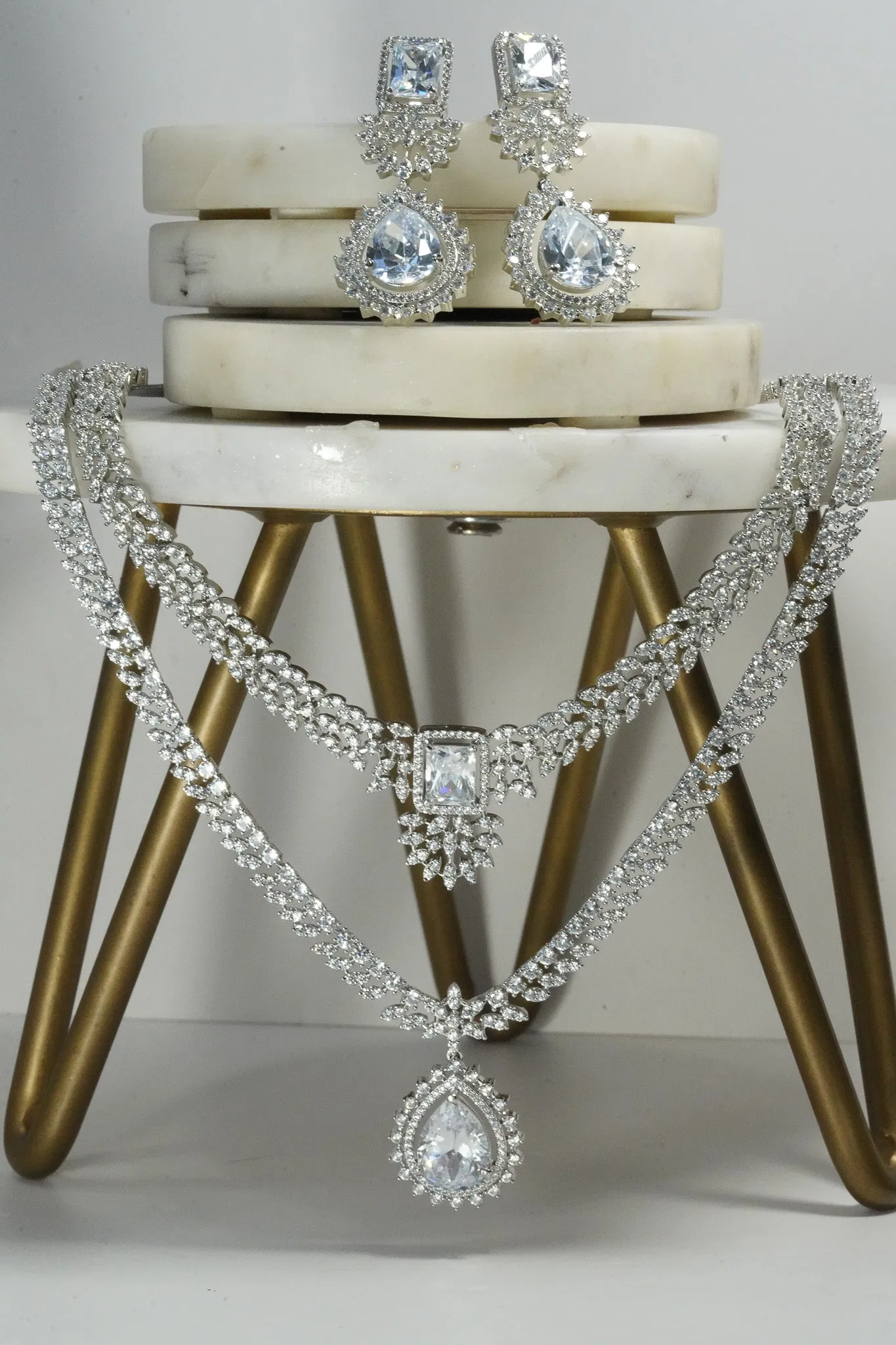 Amore - Rhodium Plated Double Layer AD Necklace Set