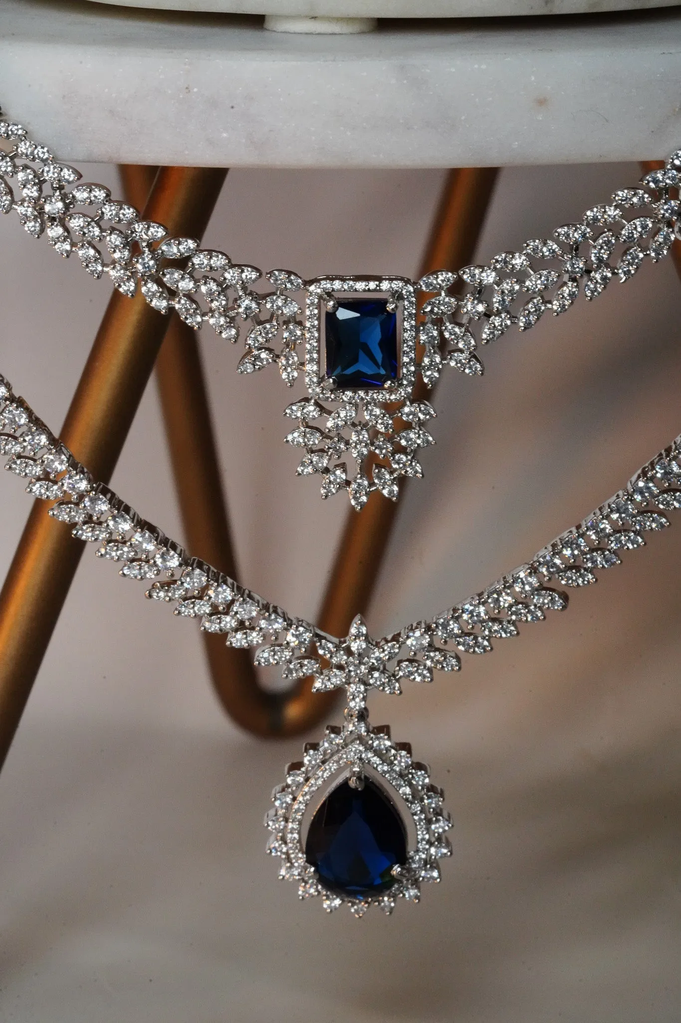Amore - Rhodium Plated Double Layer AD Necklace Set